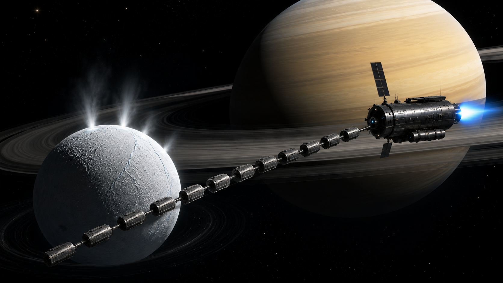 A Space Ocean logistics vehicle collecting water near Enceladus, with Saturn in the background